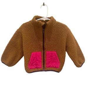 Old Navy Kids 2T Unisex Cozy Sherpa Zip Jacket Brown Fleece with Pink Pockets